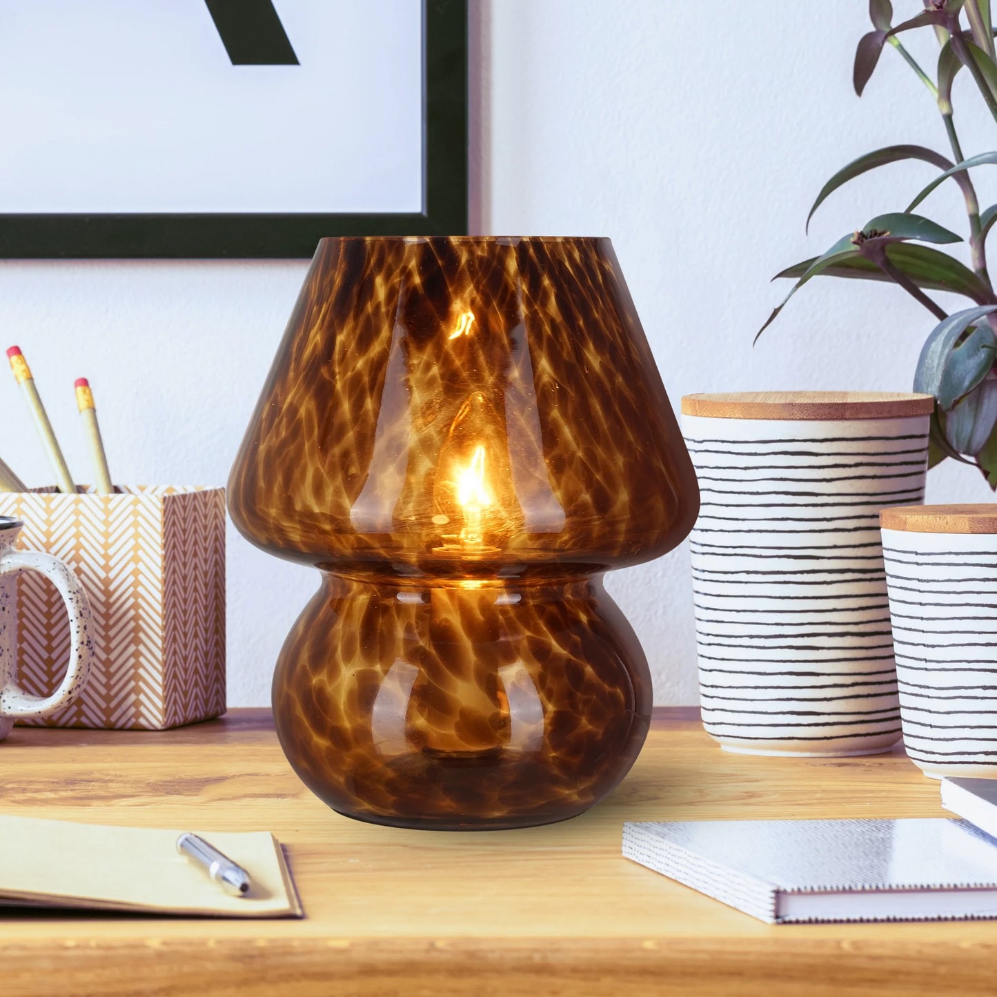 8" Glass Mushroom Lamp, Brown Tortoise, Glossy Finish