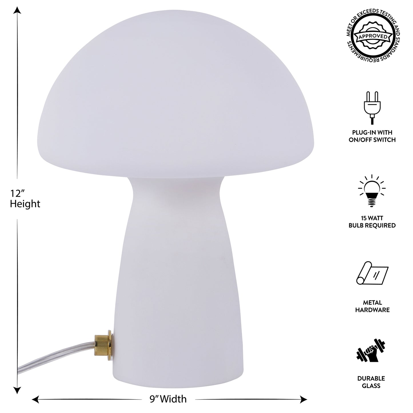 Novelty Glass Mushroom Lamp, Off-White Matte, 12" H, Plug-In