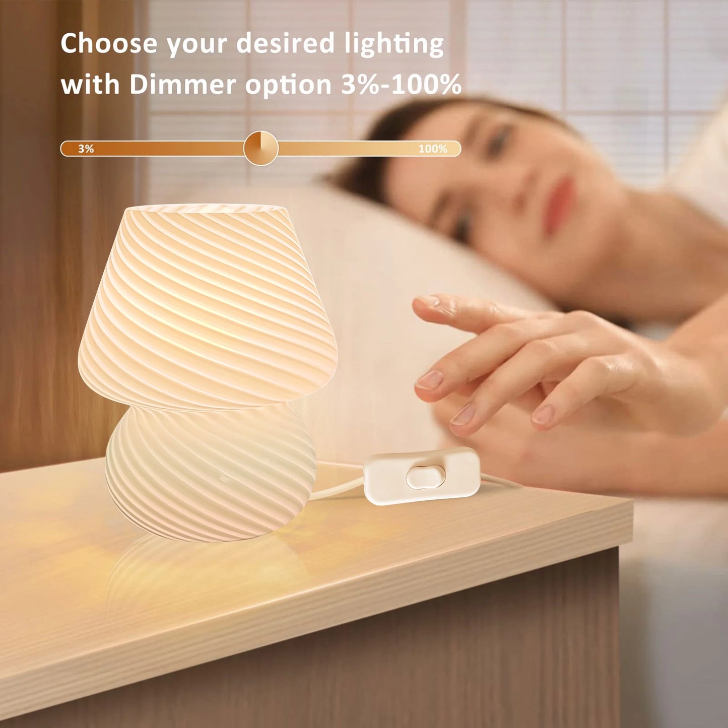 Mushroom Lamp, 7.1" Glass Table Lamp Modern Style 3 Color Temperature Dimmable, with LED Bulb, Suitable for Living Room, Bedroom, Study - Lighting