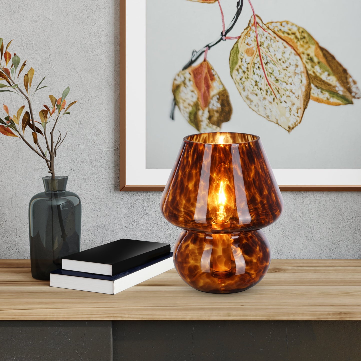 8" Glass Mushroom Lamp, Brown Tortoise, Glossy Finish