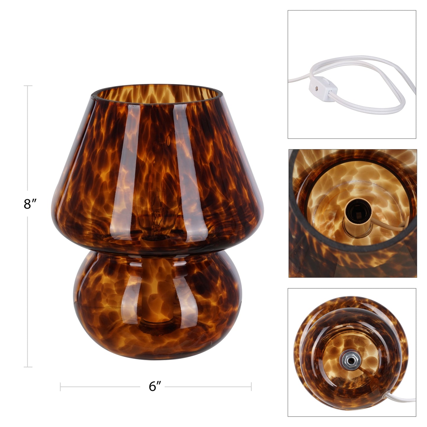 8" Glass Mushroom Lamp, Brown Tortoise, Glossy Finish