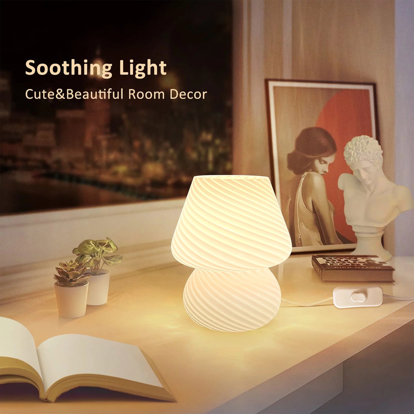 Mushroom Lamp, 7.1" Glass Table Lamp Modern Style 3 Color Temperature Dimmable, with LED Bulb, Suitable for Living Room, Bedroom, Study - Lighting