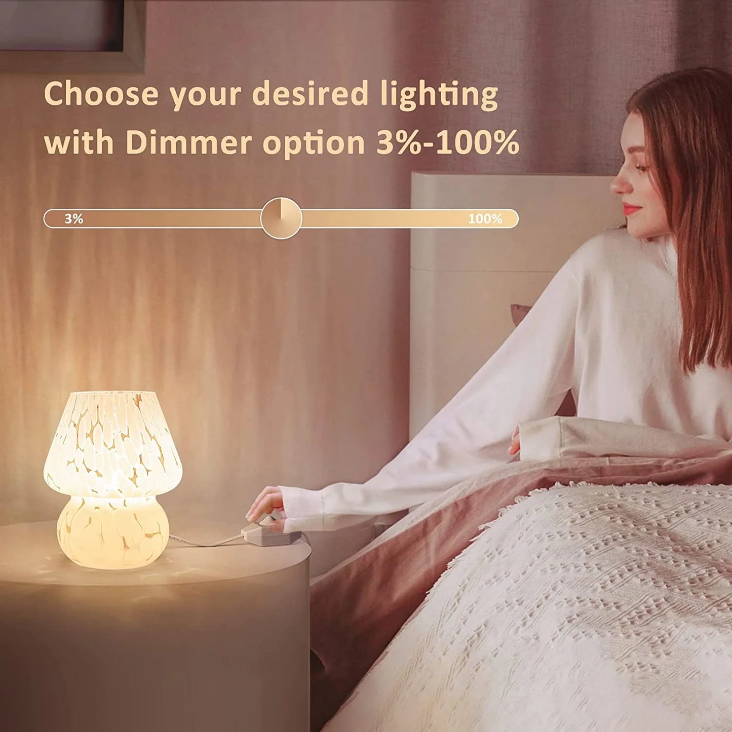 Mushroom Table Lamps Set of 2, Dimmable Glass Bedside Lamp, Cute Small Nightstand Lamp for Living Room, Bedroom, Home Decor, 7.1'' H, White