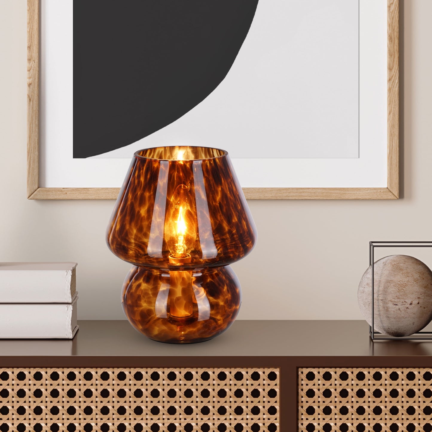 8" Glass Mushroom Lamp, Brown Tortoise, Glossy Finish