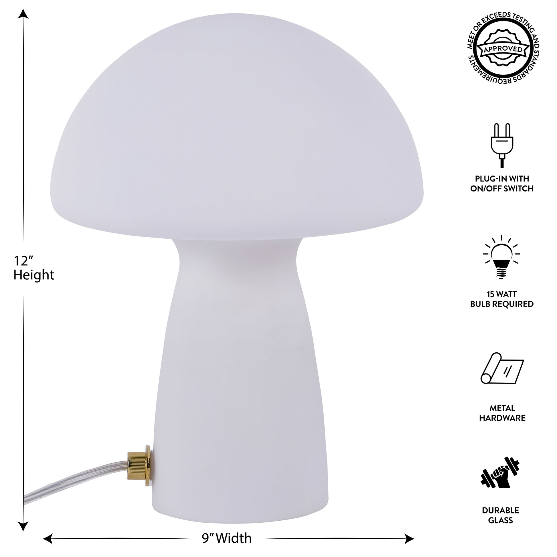 Novelty Glass Mushroom Lamp, Off-White Matte, 12" H, Plug-In