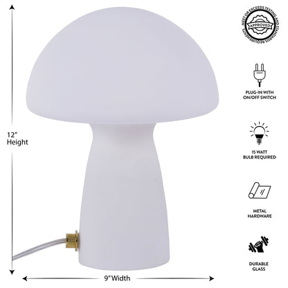 Novelty Glass Mushroom Lamp, Off-White Matte, 12" H, Plug-In