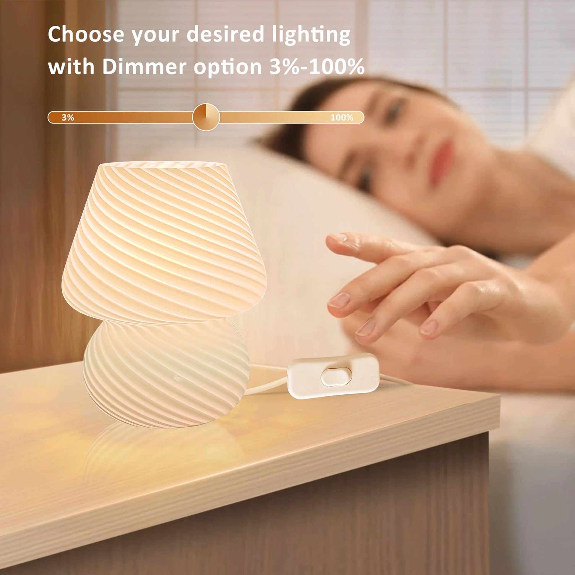Mushroom Lamp, 7.1" Glass Table Lamp Modern Style 3 Color Temperature Dimmable, with LED Bulb, Suitable for Living Room, Bedroom, Study - Lighting