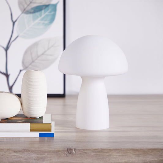 Novelty Glass Mushroom Lamp, Off-White Matte, 12" H, Plug-In